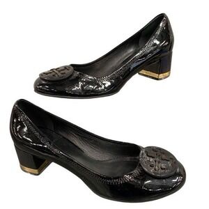 Tory Burch Black Patent Leather Block Heel Logo Pumps Women sz 8